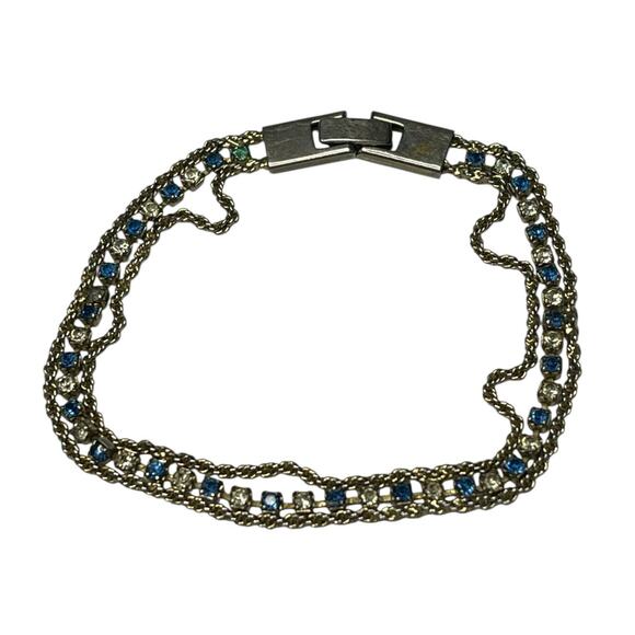 Vintage Blue & Clear Crystal Tennis Bracelet – Silver Tone Triple Strand – 8" - Picture 3 of 8